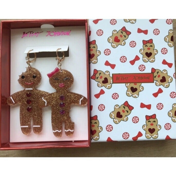 Betsey Johnson Gold Tone Gingerbread Man & Woman Mismatch Drop Earrings - Picture 2 of 5